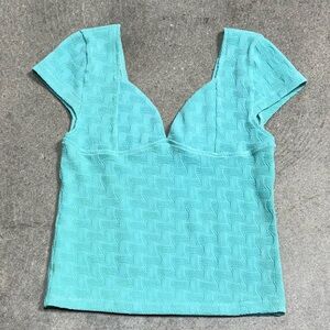 Textured Aqua V-Neck Cap Sleeve Blouse